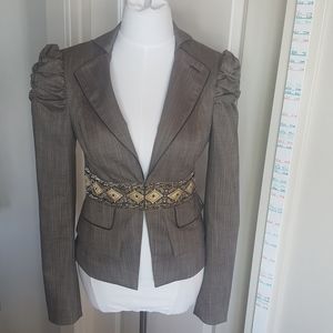 Bebe Herringbone Blazer Puff Sleeve Tapestry Waist